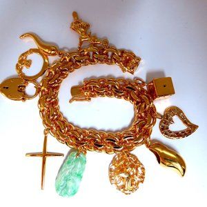 14kt 10 Charm Bracelet Fairy Horn Irish Lock Cross Jade Mary Slipper Heart Dice*